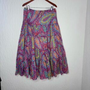 Ralph Lauren Cotton Tiered Maxi Skirt Pink Paisley Boho Beach Size Large